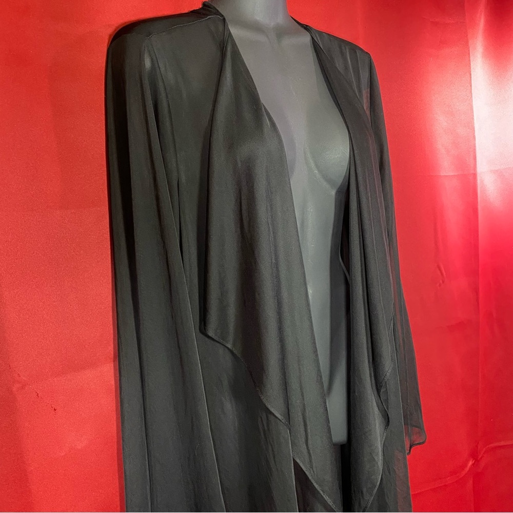Vintage 90s Sheer Black Nylon Duster Robe – Goth Witchy Maxi Cardigan - Picture 4 of 10
